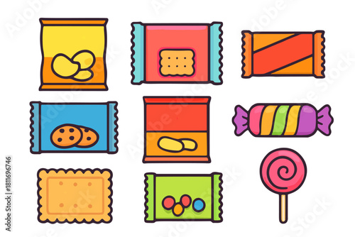 A set of flat line art illustration of various snack food packaging such as chips, crackers, candy, and lollipop. Perfect for illustrating food, snack, party, or celebration themes.	
