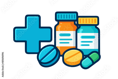 A colorful flat illustration of medical theme, featuring a cross, pill bottles and pills, representing healthcare, medication, and treatment.	