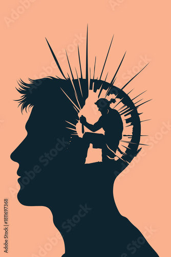 Surreal silhouette illustration of a man’s head showing an inner worker carving within the mind, symbolizing self-discovery, inner transformation, healing, and personal growth.