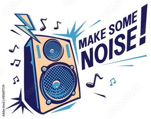 Make some noise - drawn musical loudspeaker blasting powerful music sound, vector illustration