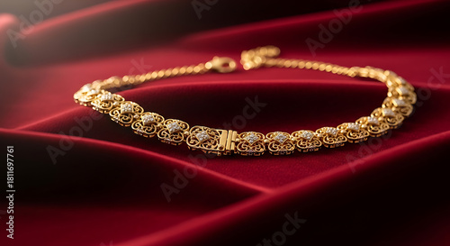 Exquisite gold bracelet with intricate detailing rests on luxurious deep red velvet fabric, showcasing elegance and luxury.