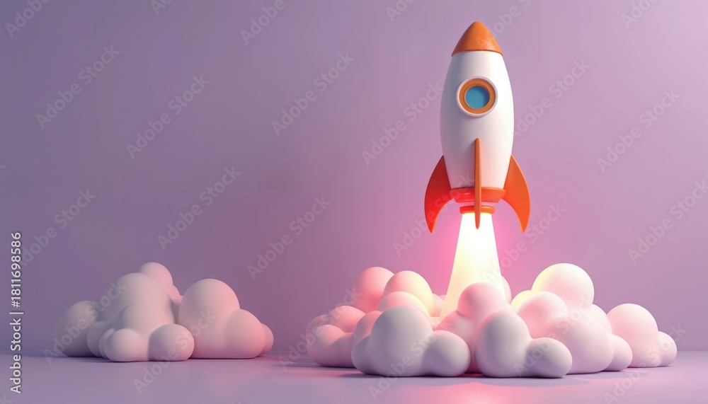 Obraz premium Cartoon rocket launches into sky with orange fins and clouds below. White spaceship ascends with bright fire from engine. Exciting start concept for new project or business.
