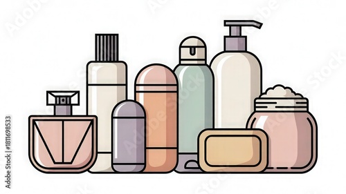“Flat Illustration of Cosmetic and Skincare Bottles Set – Beauty Product Containers, Lotion, Cream, Shampoo, Perfume – Minimal Clean Vector Design”