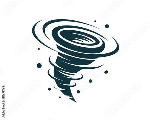 Stylized tornado graphic with swirling clouds and dots against white background