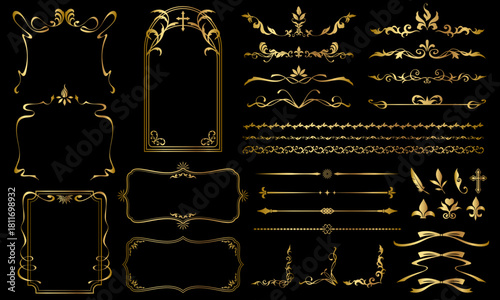 アンティーク風の装飾セット　フレーム　ライン　アイコン　ゴールドカラー