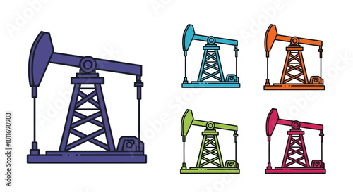 Colorful oil pump jacks illustration showing industrial equipment for resource extraction