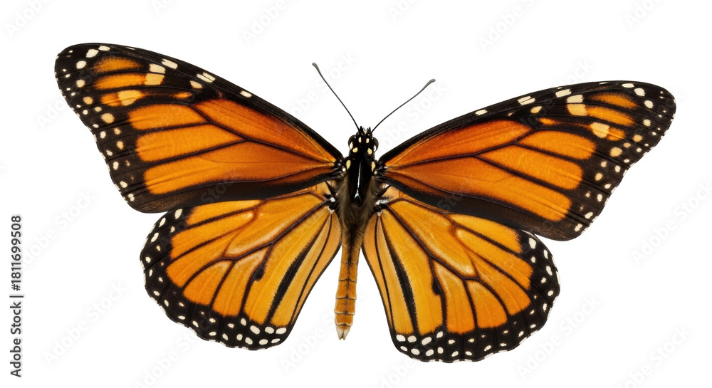 Fototapeta premium Isolated monarch butterfly with open wings in high angle studio shot showing wing details