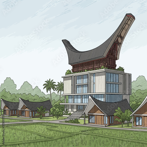 Architectural synergy, modern structure harmonizing with traditional houses and nature