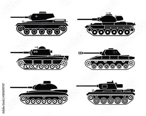 Collection of six iconic tank silhouettes in black and white vector art