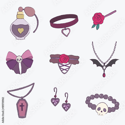 Gothic accessories doodle collection set. Vector isolated of skull necklace, coffin bracelet, rose hairpin for fashion, illustration, poster, design