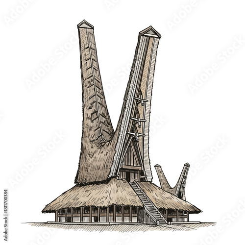Detailed illustration of a traditional Toraja house, Sulawesi architectural icon