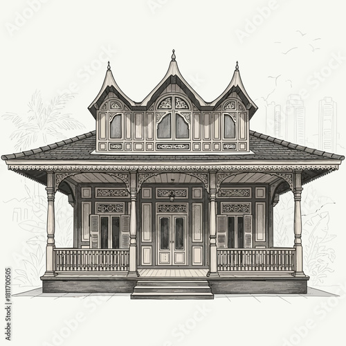 Detailed Illustration of Victorian Style Home with Tropical Cityscape