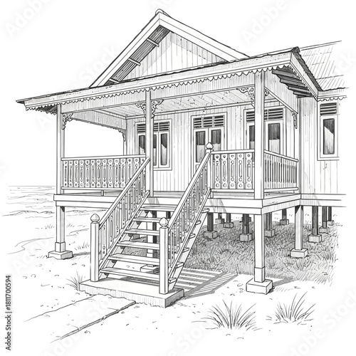 Detailed Line Art Illustration of a Traditional Malay House on Stilts