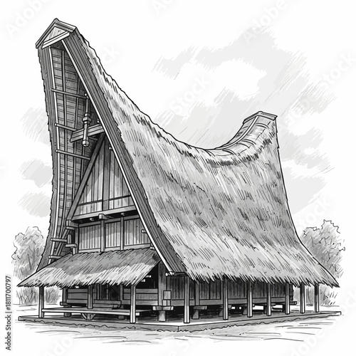 Detailed Monochrome Drawing of a Traditional Indonesian Tongkonan House