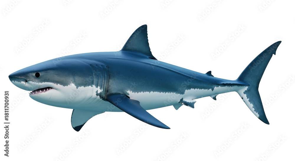 Fototapeta premium Isolated predatory ocean great white shark, side view swimming in sea, apex predator, wild ocean