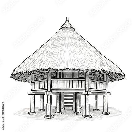 Elevated traditional house sketch with thatched roof and wooden structure