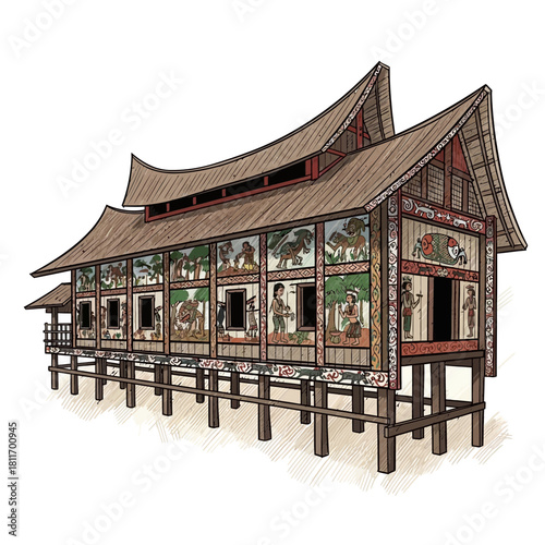 Exotic Traditional Wooden House on Stilts with Carved Cultural Panels