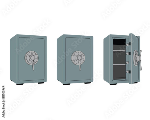 Three safes, one open showing shelves, for security concept