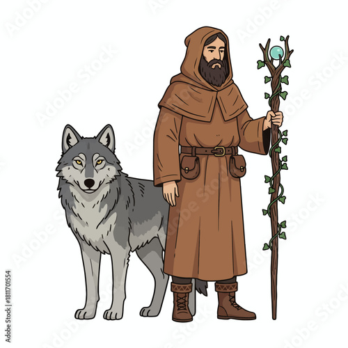 Fantasy druid character with a loyal wolf companion illustration.