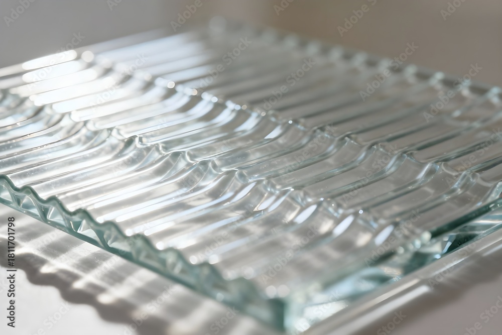 Fototapeta premium Elegant close-up of a modern corrugated glass panel, showcasing intricate light reflections and wavy shadows.