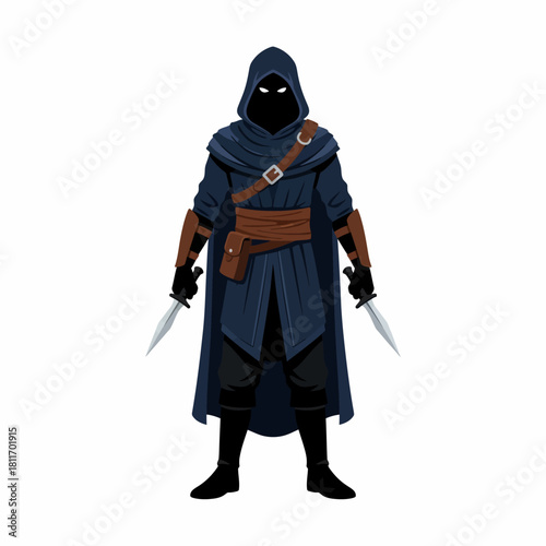 Mysterious hooded figure wielding daggers cloaked in shadows ready for action.