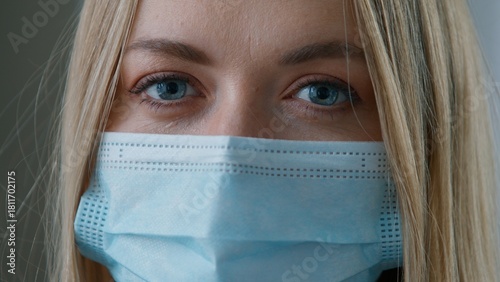 Portrait Caucasian business woman in medical protective face mask looking at camera with businesswoman headshot female girl protection coronavirus covid pandemic ill sick lady doctor surgery nurse