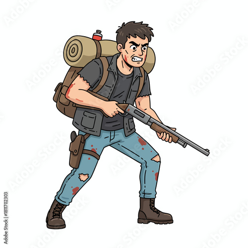 Cartoon illustration of a post-apocalyptic male survivor holding a shotgun.