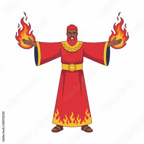 Powerful Black wizard character in red robes holding fireballs.