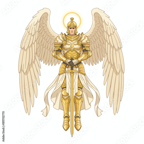 Majestic golden armored angel with large wings and sword.