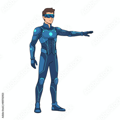 Futuristic superhero in a blue suit pointing towards something with his right arm.