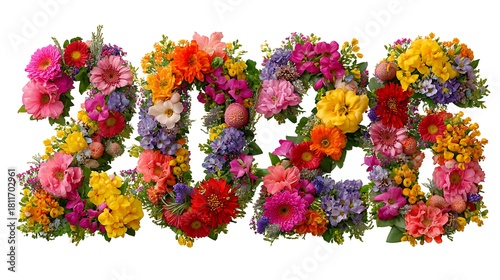 2026 Floral Arrangement with Colorful Flowers and Greenery Isolated on White Background, New Year Celebration Concept