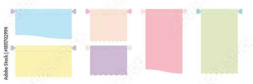 Set of cute pastel rectangle and square frames for notes or messages. Minimalist kids’ paper banners with stitched top edges and scalloped or zigzag bottoms. Soft baby colors, simple flat vector style