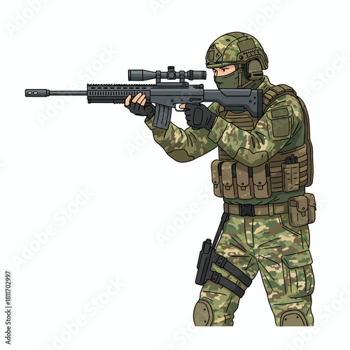 Armed soldier in camouflage uniform holding a sniper rifle ready for action.