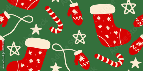 Festive Christmas Holiday Seamless Pattern with Stockings and Mittens
