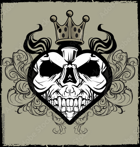 Heart shaped skull wearing a crown with ornate scrollwork design