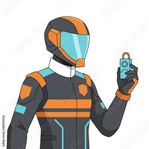 Futuristic Security Guard Holding a Smart Lock Device with Helmet.