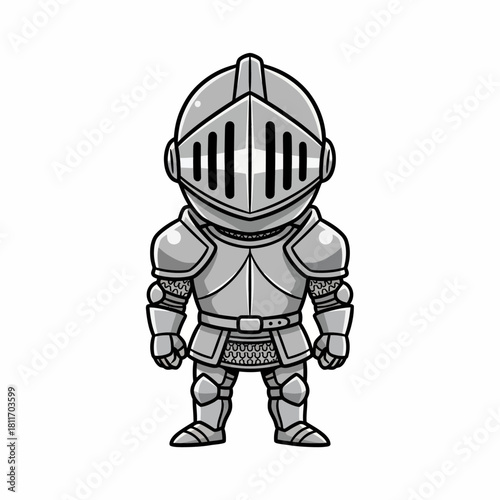 Cute cartoon knight in full armor standing illustration.