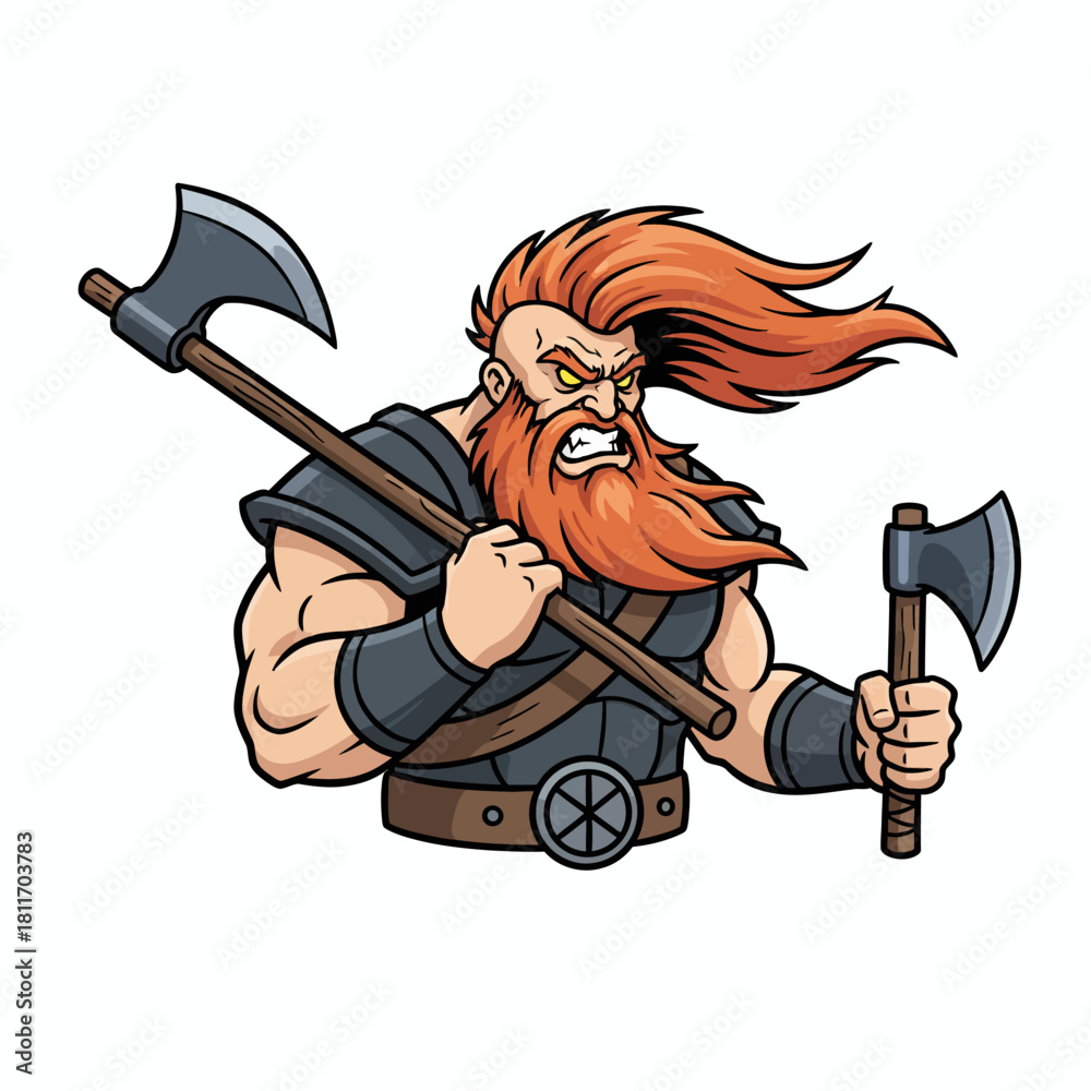 Naklejka premium Furious Viking Warrior with Red Beard and Two Axes.