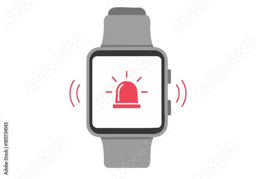 Apple Watch displays 'Stay Safe Now' alert with a flashing red icon. Modern, minimalist design. Focus on safety and technology. Clear, bright visual.