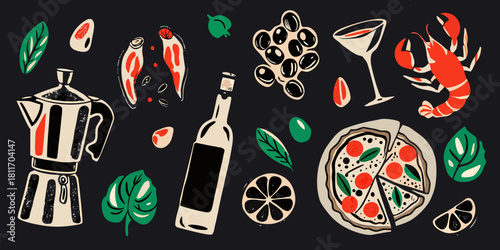 Italian food and drink illustration with coffee wine pizza and lobster