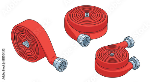 Three coiled red fire hoses with metal connectors a safety essential