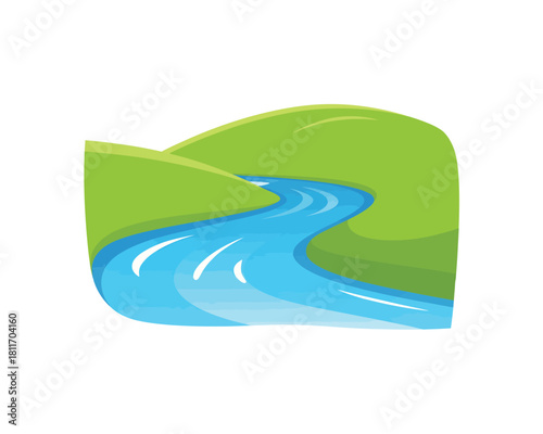 Cartoon river flowing through green hills