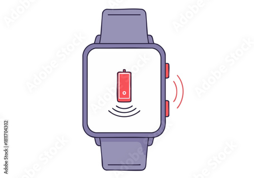 A purple smartwatch displays a "Motion Alert Pulse" notification with a battery icon and sound wave. Clean, modern illustration for tech and wellness concepts.