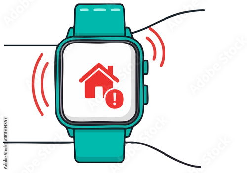 A smartwatch displays a home icon with a warning symbol, suggesting ?Wrist Guard On.? Clean, modern illustration for tech and security concepts. Bright teal and white color scheme.