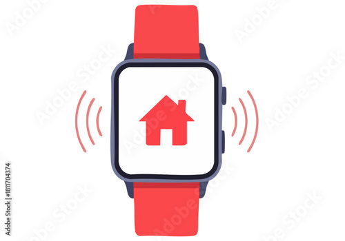 A smartwatch displays a home icon with radiating alerts, signifying immediate threat detection. Modern, graphic design.  High contrast, bold colors.