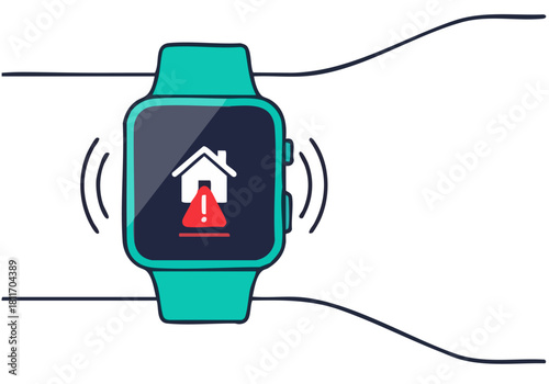 A smartwatch displays a home security alert with a warning icon.  A stylized wrist guard is activated, emphasizing safety and protection. Modern, clean design.