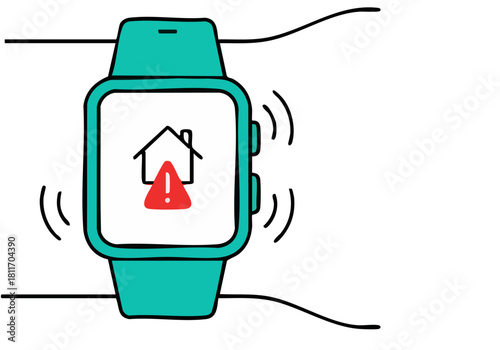 A smartwatch displays a home security alert with a shield icon. The watch is on a wrist, suggesting active monitoring. Clean, modern illustration.