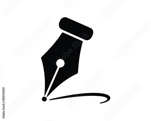 Black fountain pen nib drawing a curved line on a white background.