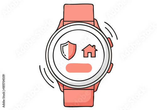 A smartwatch displays a 'Secure Home Tech' alert with a shield and house icon, symbolizing home security. Modern, flat design illustration.