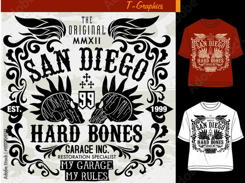 Vintage san diego hard bones motorcycle skull graphic tshirt design